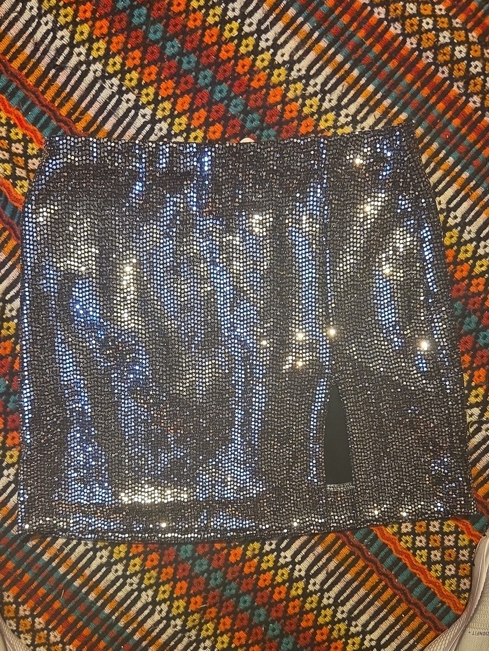 Metallic Silver Sequin Mini Skirt with Side Slit